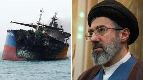 A composite image showing a ship with a big hole in it listing to one side, and a man with a grey beard, glasses and a black turban