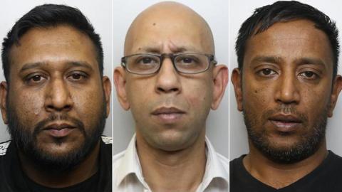 Mugshots of the three brothers. The man on the left has a beard and short dark hair, as does the man on the right, and both are wearing dark shirts. The man in the middle is bald, clean shaven and is wearing glasses.