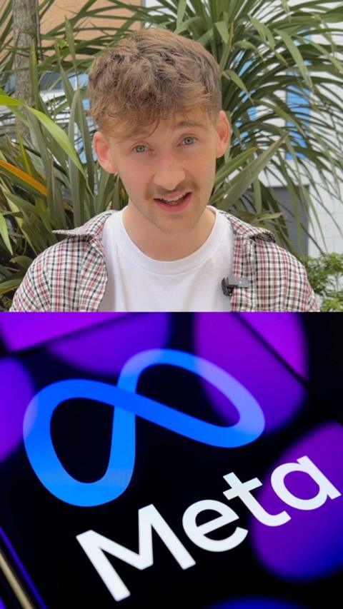 Male with brown hair with leaves in background and below is a Meta logo on a phone with purple lights shining on it.