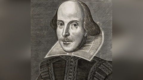 A black and white portrait of William Shakespeare from the title page of the First Folio of Shakespeare's plays.
