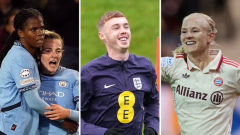 Khadija Shaw celebrates with Lauren Hemp, Cole Palmer smiles during training and Pernille Harder celebrates