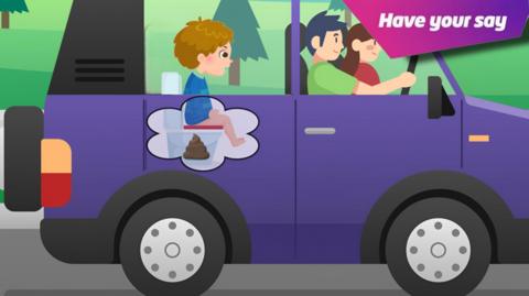 An illustration of a family in a car driving, a see-through reveal shows the boy in the back seat using an inbuilt toilet. 
