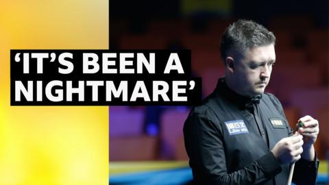 Composite image of Kyren Wilson putting chalk on a snooker cue - black, white and yellow BBC Sport headline text has been added.