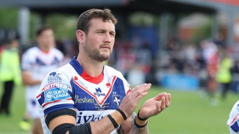 Jay Pitts claps the Wakefield fans at the end of their big win over Salford Red Devils