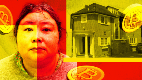 A red and white designed image - a composite of a mugshot of Qian Zhemin, who has dark hair tied back and is wearing a grey jumper, images of Bitcoin, and the Hampstead mansion with white pillars in its porch which she rented while in London.