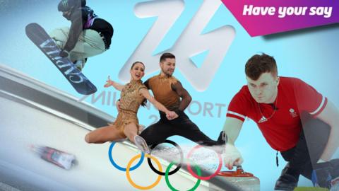 A collage of winter Olympic sports including snowboarding, skeleton, figure skating and curling and a logo at the top right that reads ‘have your say’.