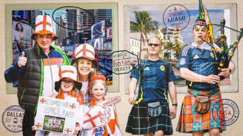 Visual of a family of England supporters and pair of Scotland fans on a background of a postcard that depicts New York and Miami as 2026 World Cup host cities