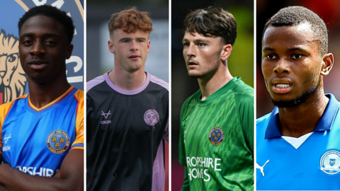 A four-image vertically split picture showing from left to right, Ismeal Kabia, Tommy McDermott, Elyh Harrison and Bradley Ihionvien 