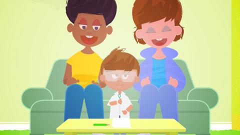 An animated still of two parents smiling at their child, dressed in a scientist outfit.