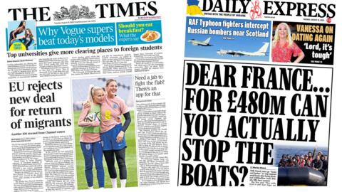 'EU rejects new deal for return of migrants' reads the headline in The Times and 'Dear France...for £480m can you actually stop the boats?' reads the headline in the Daily Express on 15/08/2023