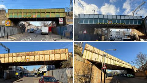 Composite image shows four rusting bridges, the top two are green, the bottom two white