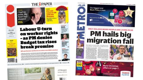 Newspaper headlines: 'U-turn on workers rights' and 'big migration fall'