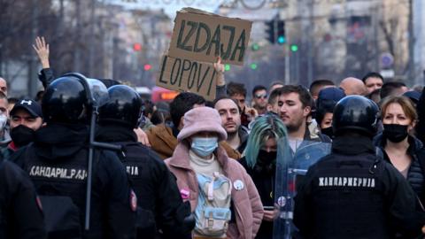 Groups of environmental demonstrators protest against a project by Anglo-Australian mining giant Rio Tinto which wants to exploit lithium in this Balkan country, 27 November 2021