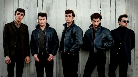 (L-R) Ellis Murphy at Paul McCartney, Patrick Gilmore as Pete Best, Rhys Mannion as John Lennon, Harvey Brett as George Harrison, Louis Landau as Stu Sutcliffe (Image: Gordon Timpen/ Hamburg Films Ltd)