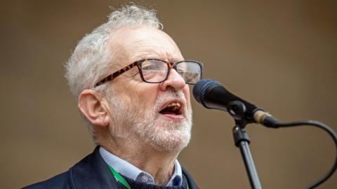 Former Labour leader Jeremy Corbyn speaks at a rally