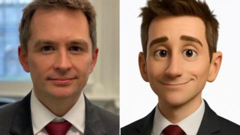 Mark Sewards, dressed in a dark suit and red tie, looks into the camera. To the right is an artificial intelligence version of the MP. 