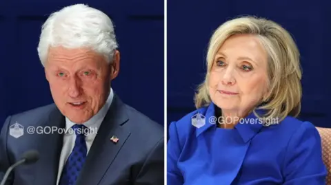 A split image with Bill Clinton on the left and Hillary Clinton on the right