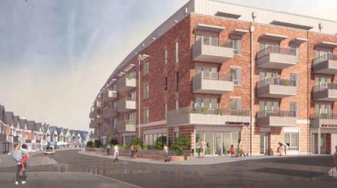 Artist's impression image of a building project to turn a former shopping centre into social housing.