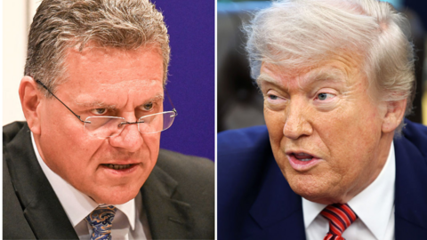 A compsosite image of EU Trade Commissioner Maroš Šefčovič and Donald Trump. They are two separate images but the photos have been place so it looks as if they are looking at one another