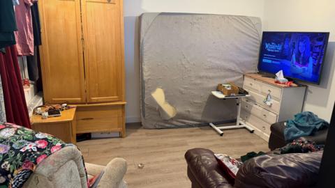 A small lounge has two sofas and a television. It also has a wardrobe and a mattress stood up against the wall.