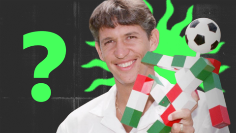 Graphic showing a young Gary Lineker holding a figurine of Italy 1990 mascot Ciao