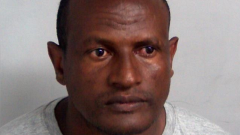 A custody photo of Hadush Kebatu, who is wearing a grey sweater and has cropped black hair.