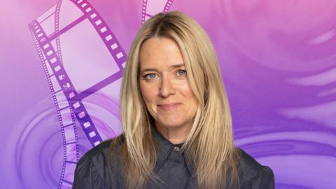 Edith Bowman in front of the purple Cinematic Soundtracks background