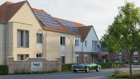 A generated image of a vintage green car parked outside a generic new-build building.