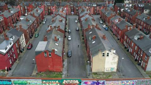 An aerial view of back-to-back streets in the Beeston area of Leeds