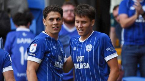 Yousef Salech and Rubin Colwill celebrate for Cardiff