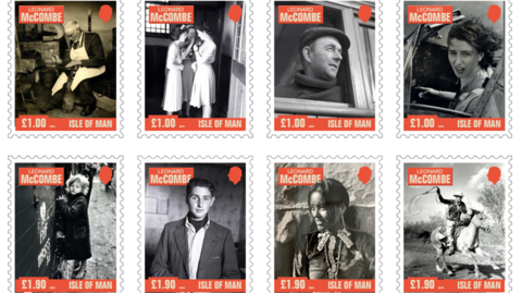 The set of black and white images, which includes a photo of three women in dresses at a wedding, a woman in a cockpit of a 1940s aeroplane, a child in the streets of Poland after World War II and a cowboy riding a horse swinging a lasso.
