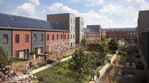 Artist's impression of the Sunniside development showing the proposed homes and people walking in the shared gardens