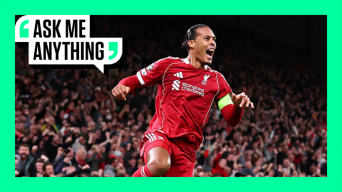Virgil van Dijk celebrates with an Ask Me Anything border around him