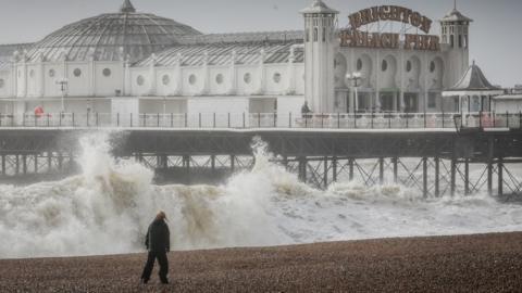 Brighton beach during Storm Eunice