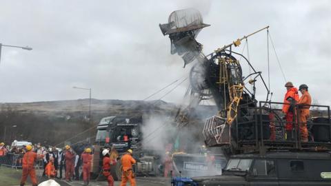 The giant Man Engine Puppet in action in Blaenavon
