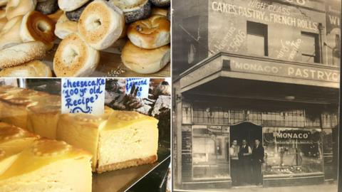 A split image of bagels, a cheesecake made from a 100-year-old recipe, and old shopfront