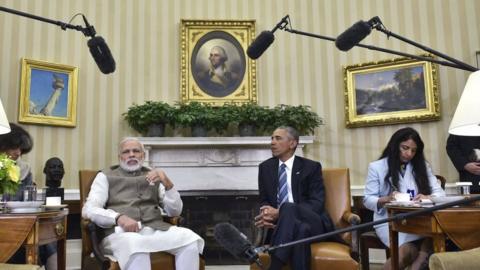 India's Prime Minister Narendra Modi speaks during a bilateral meeting in the Oval Office with US President Barack Obama at the White House on June 7, 2016 in Washington