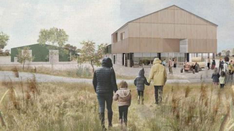 A CGI image of a large corrugated metal building with people walking through a field to get to it.