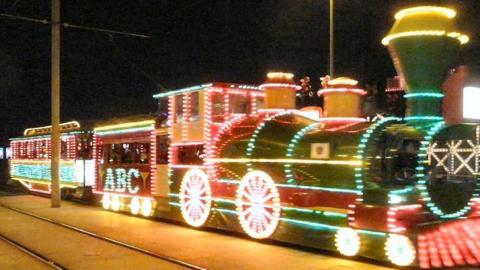 Illuminated heritage tram in Blackpool