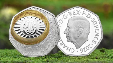 New The Lord of the Rings 50p coin on a green landscape background
