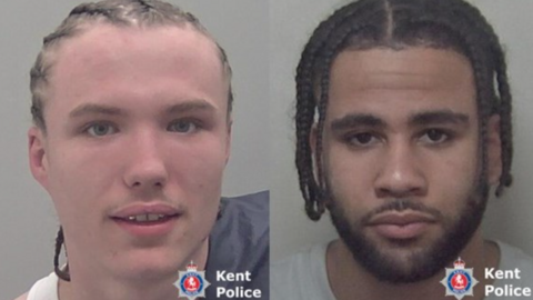 Police mugshot of two men - one with braided hair and the other with dreadlocks and a beard. 