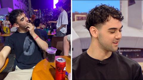 Left, a man with a drink on a night out. Right, a man in a black shirt speaks to camera.