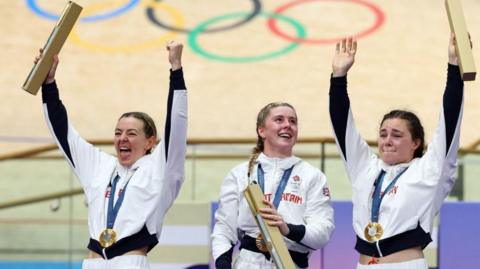 Track cycling Gold medallist Katy Marchant, Sophie Capewell and Emma Finucane