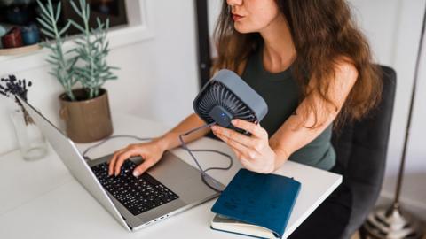 A woman working on a laptop at a desk with a fan, demonstrating a comfortable and focused home office setup during warm weather