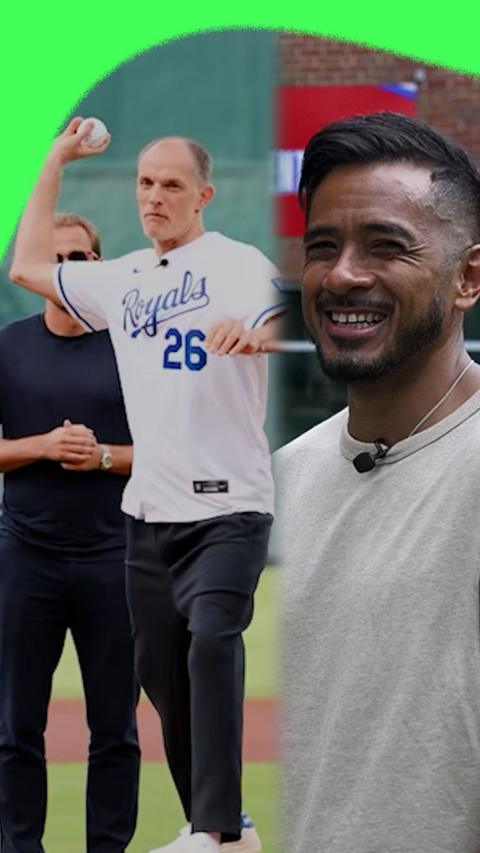 Thomas Tuchel throwing a baseball and Sami Mokbel