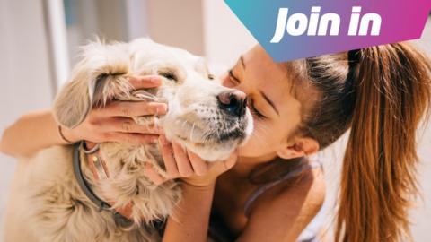 Girl kissing dog. 