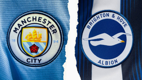 the Manchester City badge and the Brighton and Hove Albion badge on shirts, divided by a graphic of torn paper