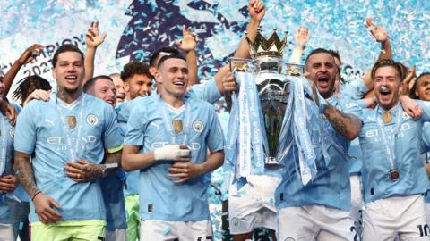 Manchester City celebrate winning the 2023-24 Premier League title