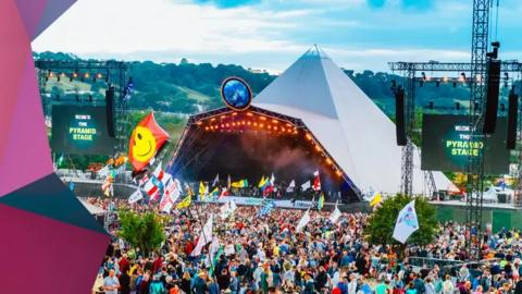 The Pyramid Stage is seen from the Glastonbury Festival