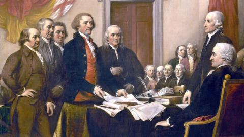 A painting by John Trumbull made in 1818 depicting the Committee of Five (John Adams, Roger Sherman, Robert Livingston, Thomas Jefferson, and Benjamin Franklin) presenting their draft of the Declaration of Independence